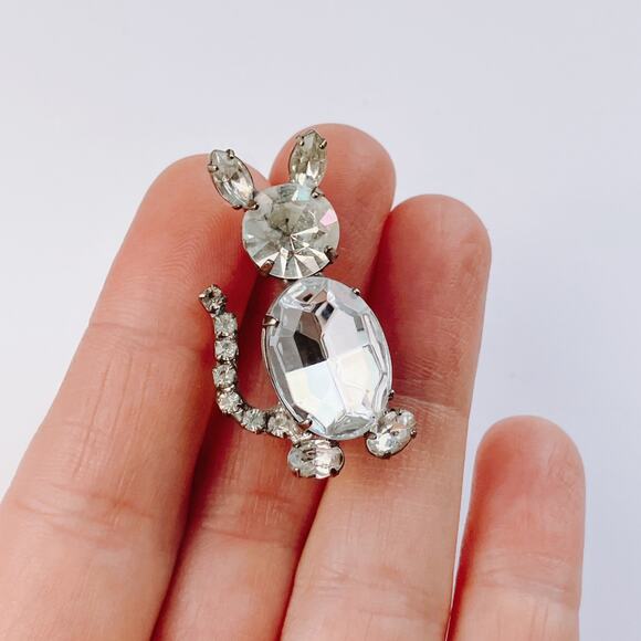 VTG Mid Century Brooch Jelly Belly Rhinestone Cat Silver Tone 1950s - Picture 8 of 10